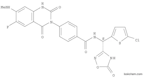 Molecular Structure of 1015435-60-5 (Benzamide, N-[(S)-(5-chloro-2-thienyl)(2,5-dihydro-5-oxo-1,2,4-oxadiazol-3-yl)methyl]-4-[6-fluoro-1,4-dihydro-7-(methylamino)-2,4-dioxo-3(2H)-quinazolinyl]-)